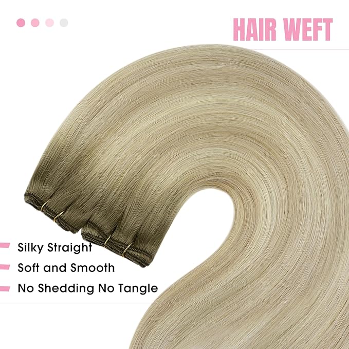 YoungSee Blonde Human Hair Weft Extensions Long Straight Hair Extensions Sew in Ombre Double Weft Human Hair Extension Ash Blonde Mix Platinum Blond Balayage 24Inch 100G