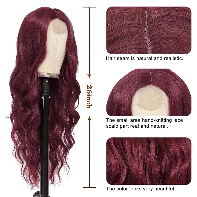 NAYOO Long Wine Red Wavy Wig for Women 26 Inch Middle Part Curly Wavy Wig Natural Looking Synthetic Heat Resistant Fiber for Use (Wine Red)