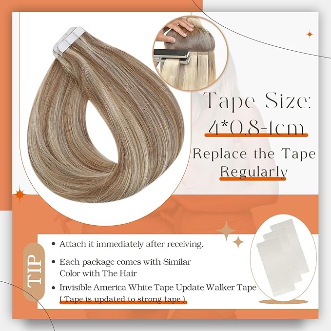 Full Shine Tape in Hair Extensions 18 Inch Invisible Skin Weft Tape Hair Extensions Color 10 Golden Brown Highlighted 613 Blonde Remy Seamless Extension 50G Adhesive Tapes Straight Extension 20Pcs