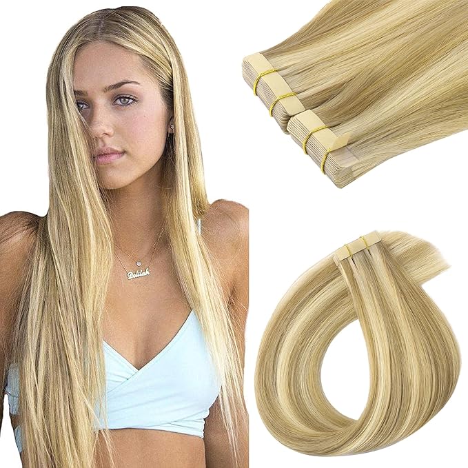 GOO GOO Tape in Hair Extensions Human Hair, 16/22 Light Blonde Highlighted Golden Blonde, 12inch 80g 40pcs, Skin Weft Seamless Invisible, Silky Straight with Thick Ends, Remy Human Hair