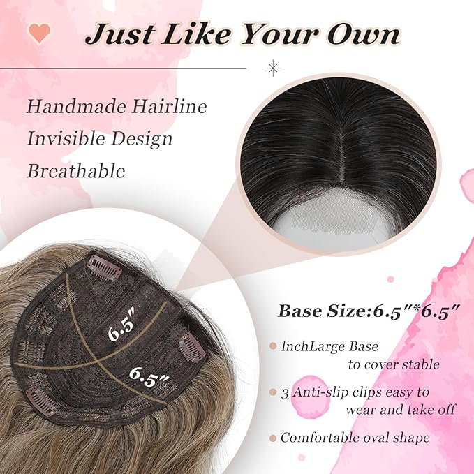 Hair Topper, 360° 3D Hair Toppers for Women with Thinning Crown, 20 Inch Long Wavy Curly Hair Pieces Clip in Bangs (Ombre Highlights Brown with Dark Root, 20 inch, Side Bangs)