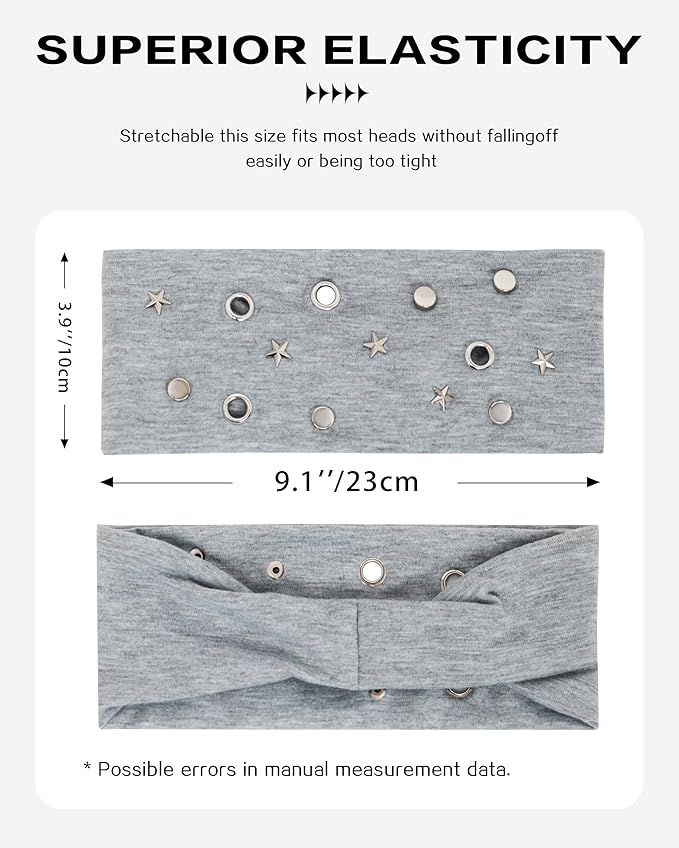 Grommet Headband for Women, Little Star Grey 23cm Hollow Out Elastic Hair Band, Eyelets Punk Grunge Stylish Hairband