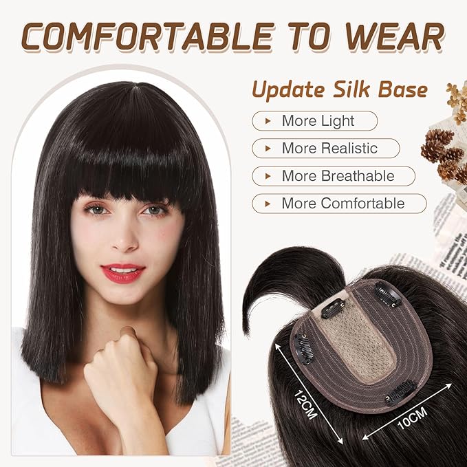 Rich Choices Real Human Hair Toppers for Women With Bang 100% Remy Human Hair Topper for Thinning Hair Clip in Silk Base Hair Topper 6 Inch #1B Natural Black
