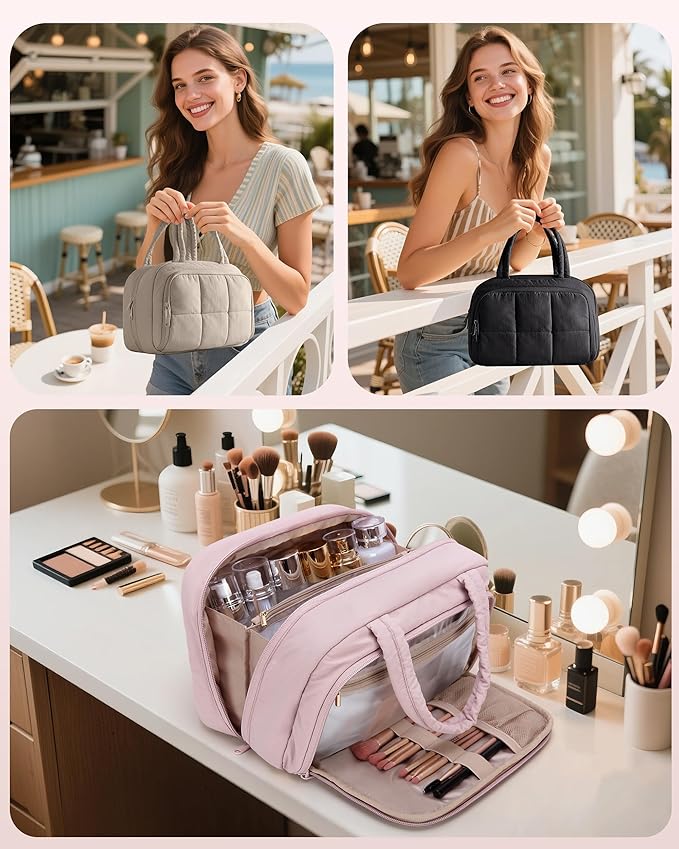 Travel Toiletry Bag for Women with Hanging Hook, Water Resistant Puffy Makeup Organizer with Leak Proof Pockets for Toiletries and Cosmetics - Khaki (Bag Only)