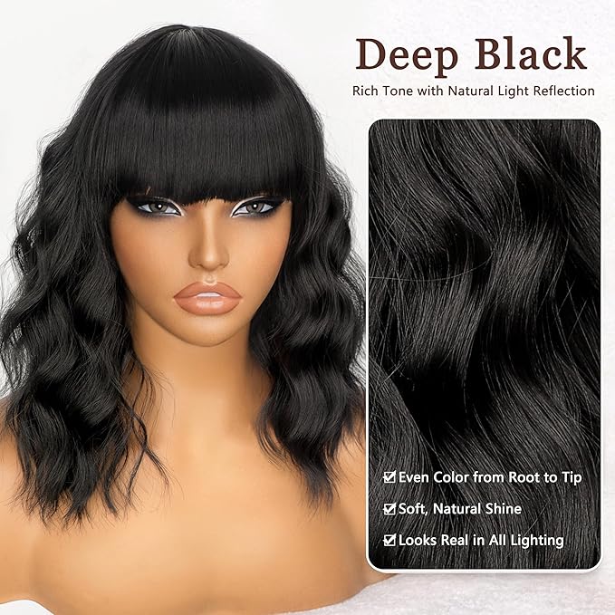 Nnzes Black Wavy Wigs with Bangs Women’s Short Black Bob Wig Synthetic Natural Looking Heat Resistant Fiber Hair