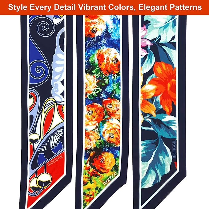 Skinny Scarf 3 Pack for Women – Bag Scarf, Silk Hair Scarves (Original Prints, Premium Twill, 3 Designs)