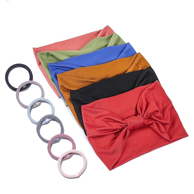 GiLi 6 Pack Wide Headbands for Women Non Slip Soft Elastic Hair Bands Yoga Running Sports Workout Gym Head Wraps, Knotted Cotton Cloth African Turbans Bandana (with 6 Pcs Hair Ties)