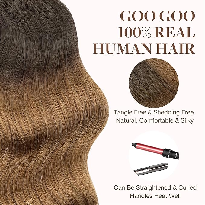 GOO GOO Tape in Hair Extensions Human Hair, 1D/2C/4E Chocolate Dip Color Melt, 26inch 120g 40pcs, Skin Weft Seamless Invisible, Silky Straight with Thick Ends, Remy Human Hair