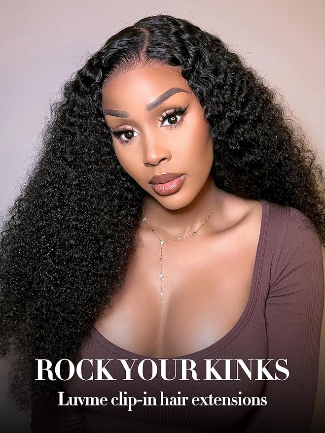 LUVME Seamless Clip in Hair Extensions Human Hair Kinky Curly 135g 7pcs 20 Inch Clip in Hair Extensions with Soft Invisible PU Weft Natural Black Hair for Women