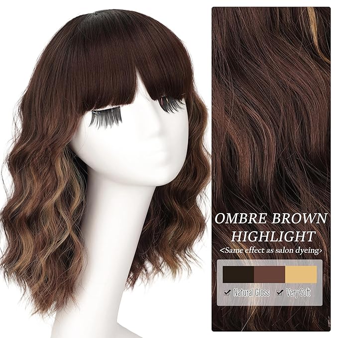 Nnzes Short Wavy Bob Wig with Bangs for Women Shoulder Length Curly Ombre Brown Highlight Synthetic Heat-Resistant Fiber Hair for Daily & Party Use