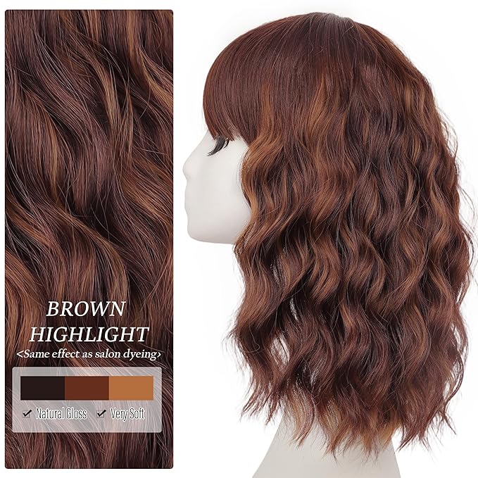 Nnzes Short Wavy Wig with Bangs for Women Shoulder Length Bob Curly Women's Charming Synthetic Natural Wavy Brown highlight Heat Resistant Hair for Daily Party Use