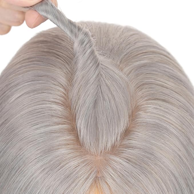 Hairro Human Hair Toppers Free Parted, 3.5x4.7" Base Hand-wovened 100% Real Hairpieces, with Invisible Clips-in for Women, for High Hairline/Adding Volume on Top, 10 Inch Grey