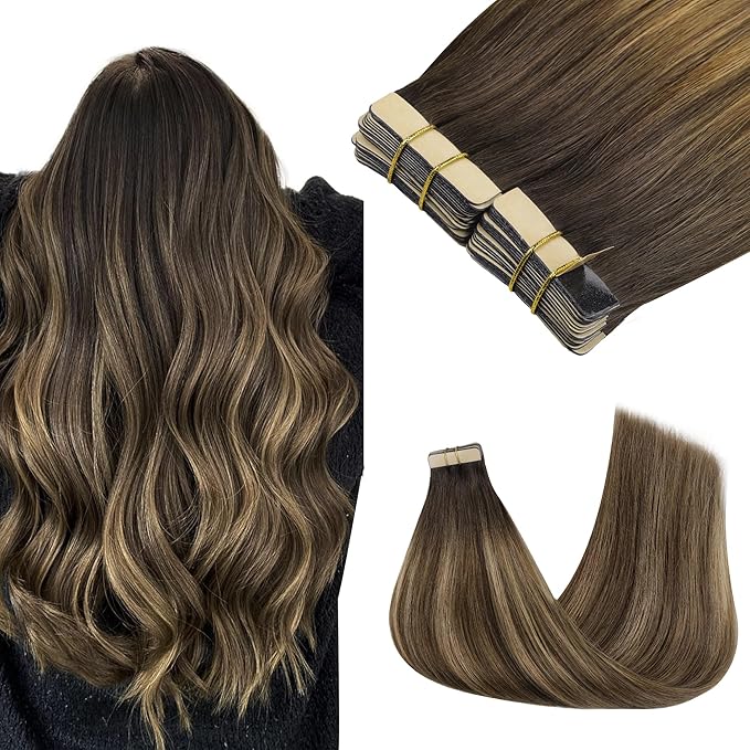 GOO GOO Tape in Hair Extensions Human Hair, 4D/14/5B Brunette Balayage, 22inch 100g 40pcs, Skin Weft Seamless Invisible, Silky Straight with Thick Ends, Remy Human Hair