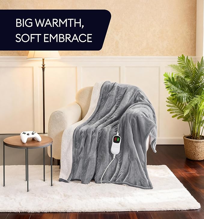 Heated Blanket Electric Throw 50"x60" – Safe Electric Heating Blanket with Auto Shut-Off & Overheat Protection, 10 Heat Settings, Washable Heated Throw for Couch, Bed, Office & Dorm