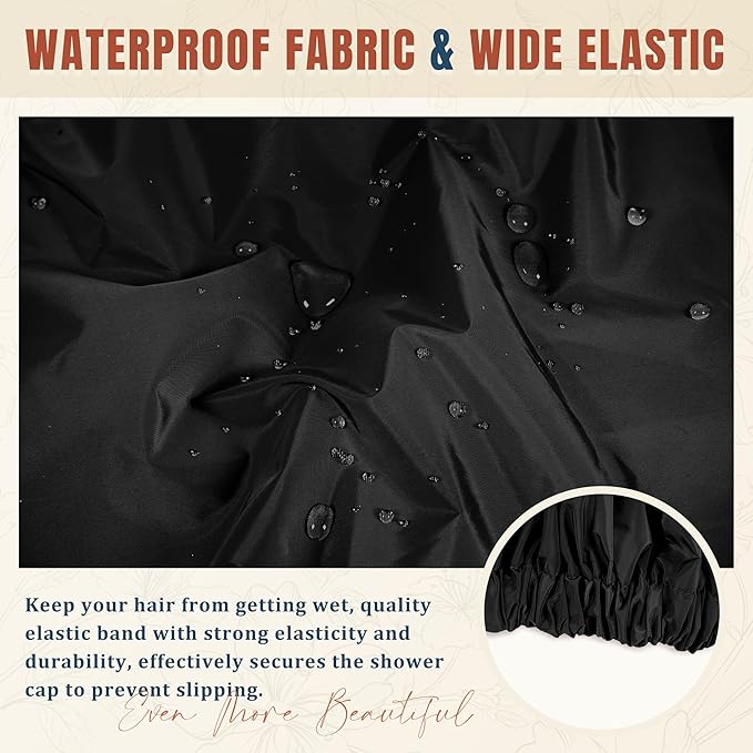 Reusable Shower Cap for Women, Stylish Large Waterproof Shower Bonnet Washable Wide Elastic Band Hair Cap for Long Hair, Braids Bath Hat(Black)