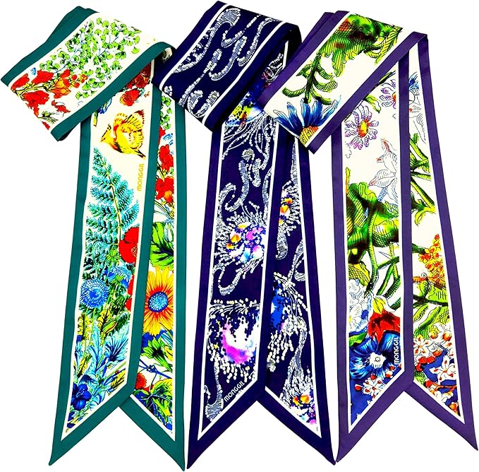 Skinny Scarf 3 Pack for Women – Bag Scarf, Silk Hair Scarves (Original Prints, Premium Twill, 3 Designs)