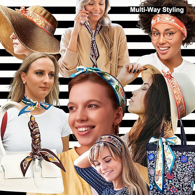 Skinny Scarf 3 Pack for Women – Bag Scarf, Silk Hair Scarves (Original Prints, Premium Twill, 3 Designs)