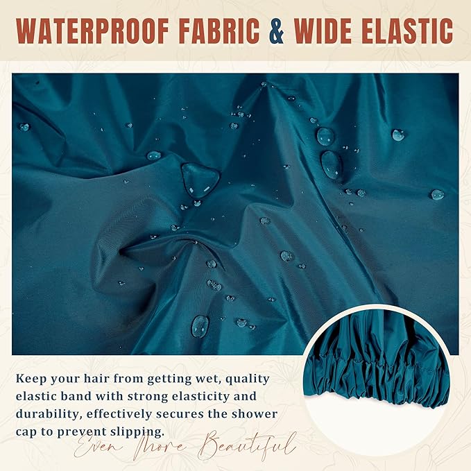 Reusable Shower Cap for Women, Stylish Large Waterproof Shower Bonnet Washable Wide Elastic Band Hair Cap for Long Hair, Braids Bath Hat(Blue Zircon)