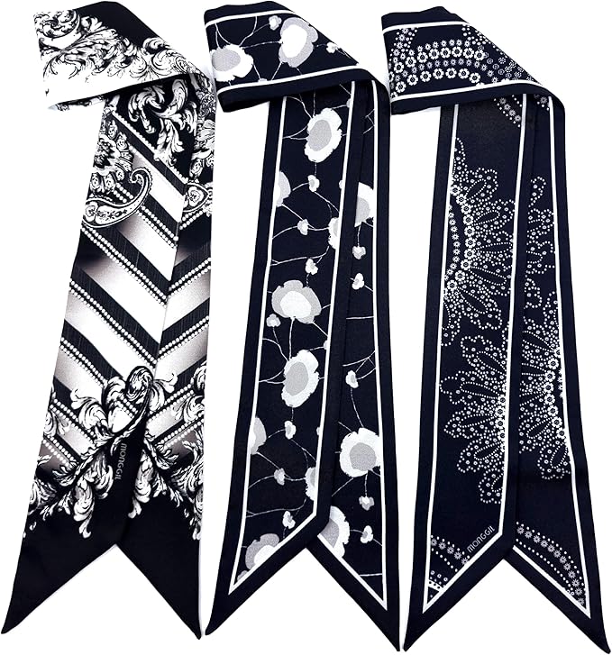 Skinny Scarf 3 Pack for Women – Bag Scarf, Silk Hair Scarves (Original Prints, Premium Twill, 3 Designs)