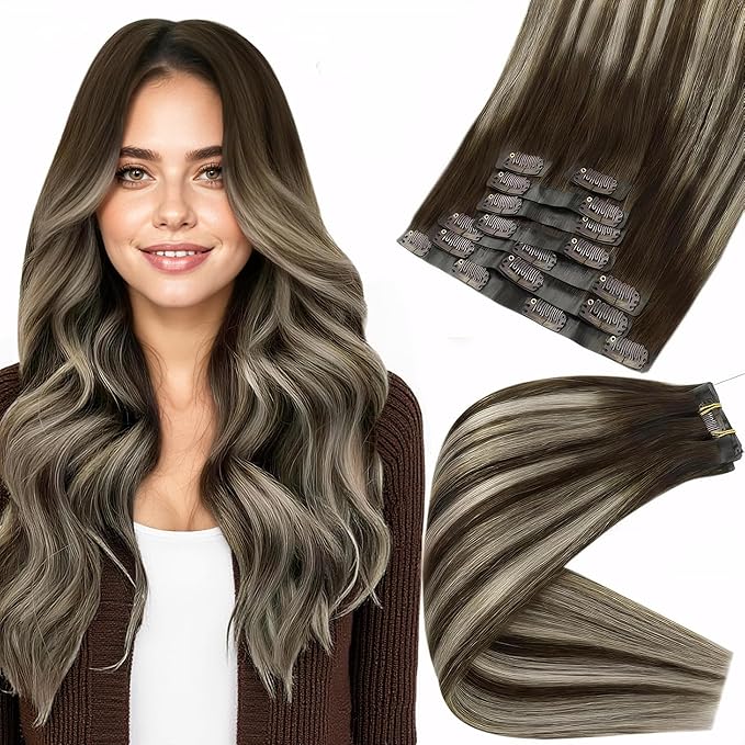 Full Shine Invisible Clip in Hair Extensions 20 Inch Seamless Hair Extension Dark Brown with Platinum Blonde Human Hair Extensions for Long Hair 8 PCS 120 G