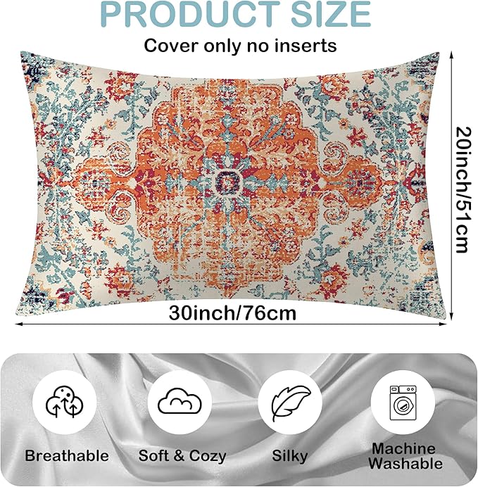 Boho Vintage Satin Pillow Case Queen Size,Soft Pillowcases for Hair and Skin Similar to Silk,Pillowcases with Hidden Zipper Bedding Accessories,20X30 Inches,1 Pack