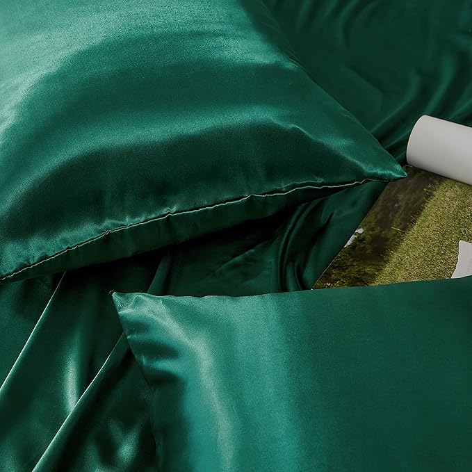 Blackish Green Satin Pillowcase Standard Set of 2 with Envelope Closure，Blackish Green Silk Pillowcase for Hair and Skin (20x26)