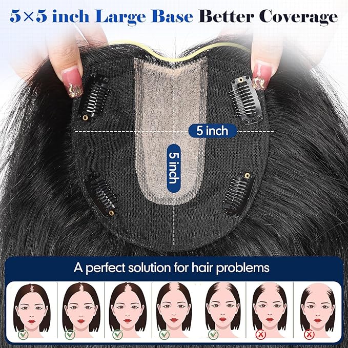 HAIRCUBE Hair Toppers For Women With Thinning 5"*5" Large Base Real Hair Toppers For Women, 14 Inch For Hand-Woven, 60g, Silk, Natural, Realistic, Use Daily, Hairloss, Natural Black, No bangs