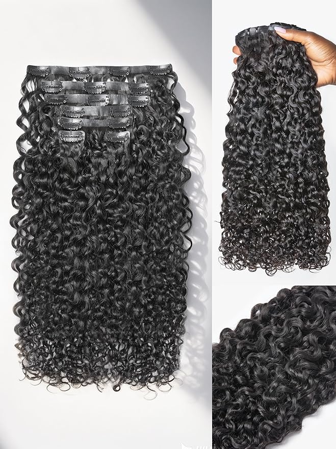 LUVME Burmese Curly Clip in Hair Extensions Real Human Hair Messy Curly Clip Ins Fullness with 2 Pack for Women Brazilian Remy Human Hair Natural Black 135g 22Inch