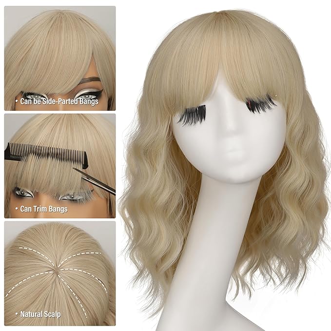 Nnzes Short Wavy Bob Wig with Bangs for Women Shoulder Length Curly Blonde Synthetic Heat-Resistant Fiber Hair for Daily & Party Use