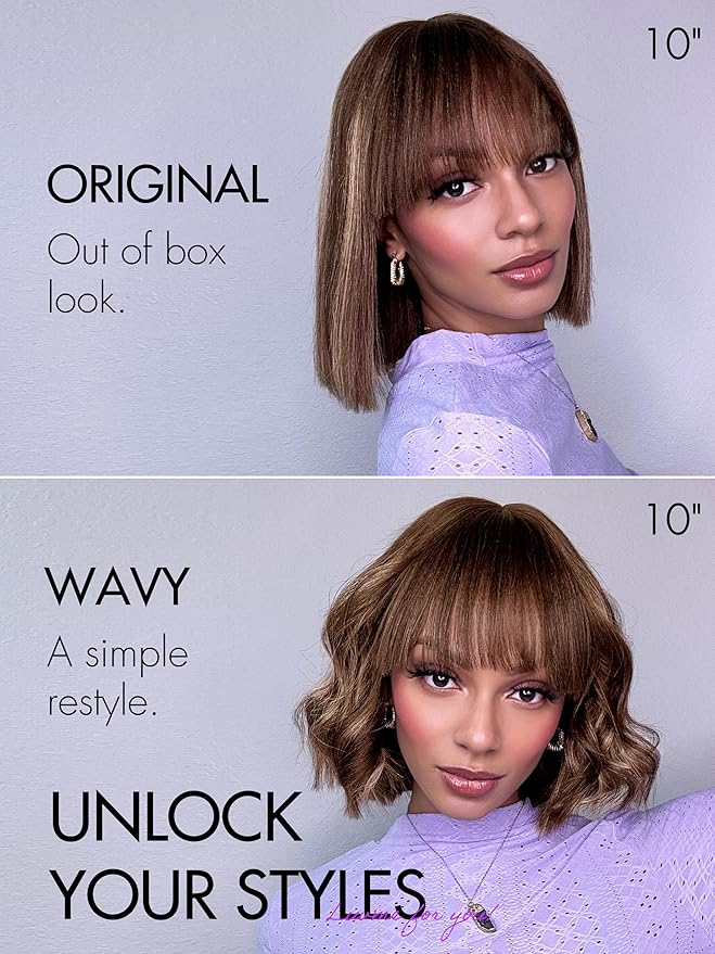 LUVME HAIR 14Inch Ash Blonde Highlights Yaki Blunt Cut Bob Wig with Bangs Glueless Minimalist Lace Short Wig Breathable Cap