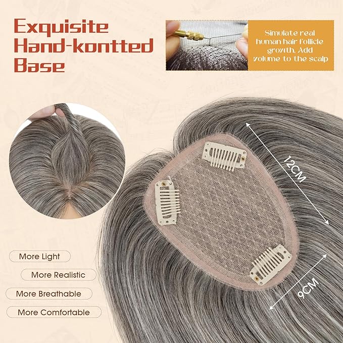 Rich Choices Human Hair Toppers for Women-100% Real Remy Hair Topper No Bang-Upgraded 150% Density 9 * 12CM Lace Base-Clip in Hairs Topper for Thinning Hairs-10Inch #G2 Grey