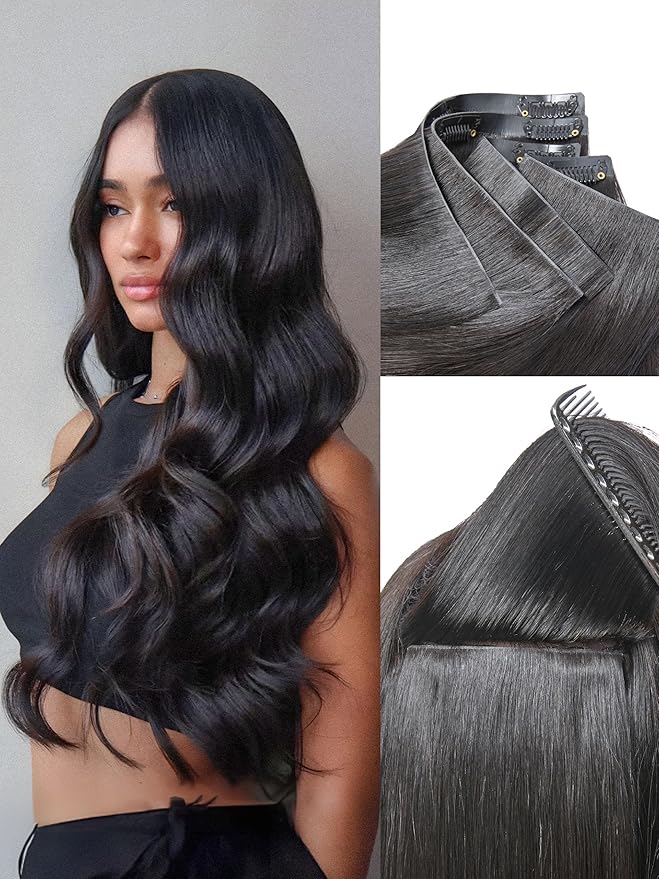 LUVME Invisible Clip in Hair Extensions Body Wave Real Human Hair, Remy Hair Clip ins for Women, Natural Human Hair, 20 inch 110g 6Pcs, Natural Black