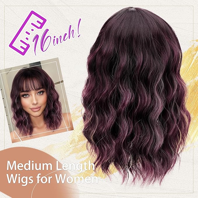 Nnzes Short Wavy Bob Wig with Bangs for Women Shoulder Length Curly Ombre Red Burgundy Highlight Synthetic Heat-Resistant Fiber Hair for Daily & Party Use