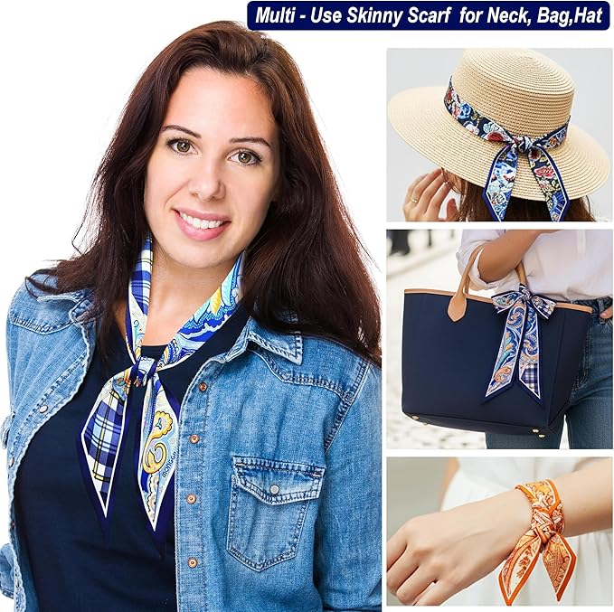 Skinny Scarf 3 Pack for Women – Bag Scarf, Silk Hair Scarves (Original Prints, Premium Twill, 3 Designs)