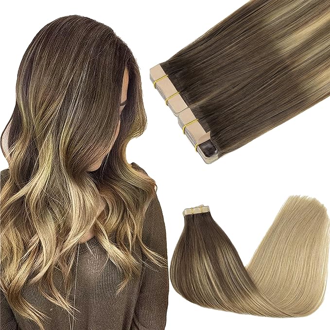 GOO GOO Tape in Hair Extensions Human Hair, 4/18 Balayage Chocolate Brown Highlighted Dirty Blonde, 16inch 100g 40pcs, Skin Weft Seamless Invisible, Silky Straight with Thick Ends, Remy Human Hair