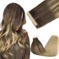 GOO GOO Tape in Hair Extensions Human Hair, 4/18 Balayage Chocolate Brown Highlighted Dirty Blonde, 16inch 100g 40pcs, Skin Weft Seamless Invisible, Silky Straight with Thick Ends, Remy Human Hair