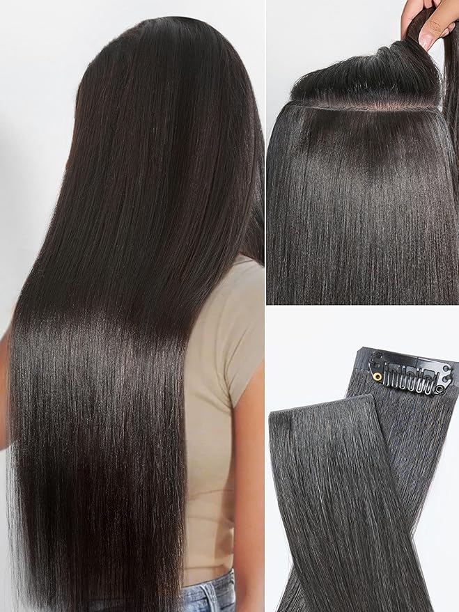 LUVME Invisible Clip in Hair Extensions, Yaki Straight Real Human Hair 20 Inch 2 Pack 220g 12pcs Clip ins Hair Extensions Natural Black for Women