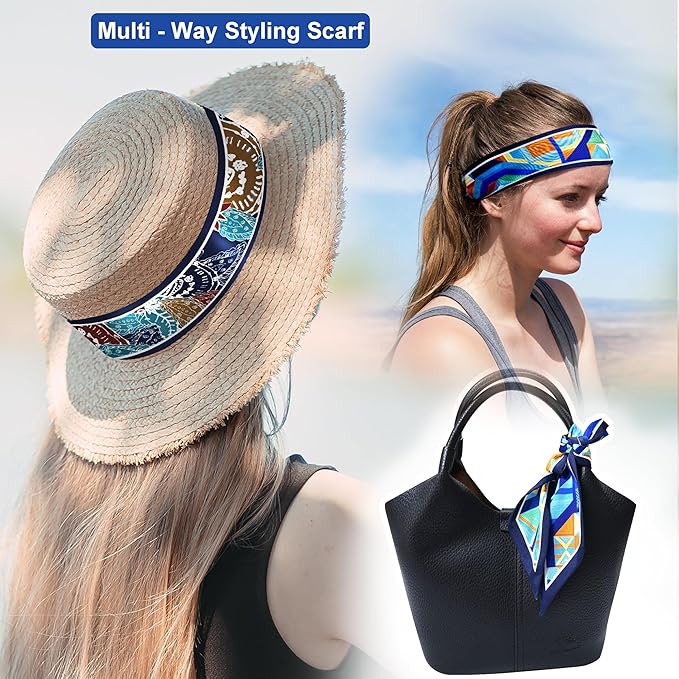 Skinny Scarf 3 Pack for Women – Bag Scarf, Silk Hair Scarves (Original Prints, Premium Twill, 3 Designs)
