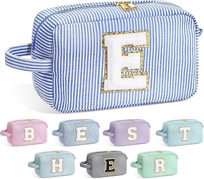 YOOLIFE Bridal Shower Gifts - Bridesmaid Bag, Bridesmaid Proposal Gifts for Wedding Day, Bride to be Gifts, Maid Matron of Honor Gift, Bachelorette Party Favors, Blue Initial Makeup Bag Cosmetic Bag E