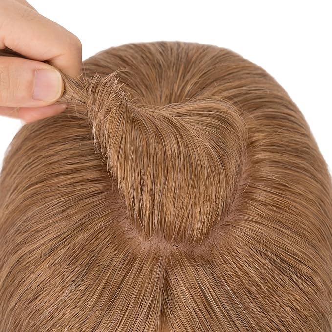 Hairro Human Hair Toppers Free Parted, 3.5x4.7" Base Hand-wovened 100% Real Hairpieces, with Invisible Clips-in for Women, for High Hairline/Adding Volume on Top, 10 Inch Blondish Brown