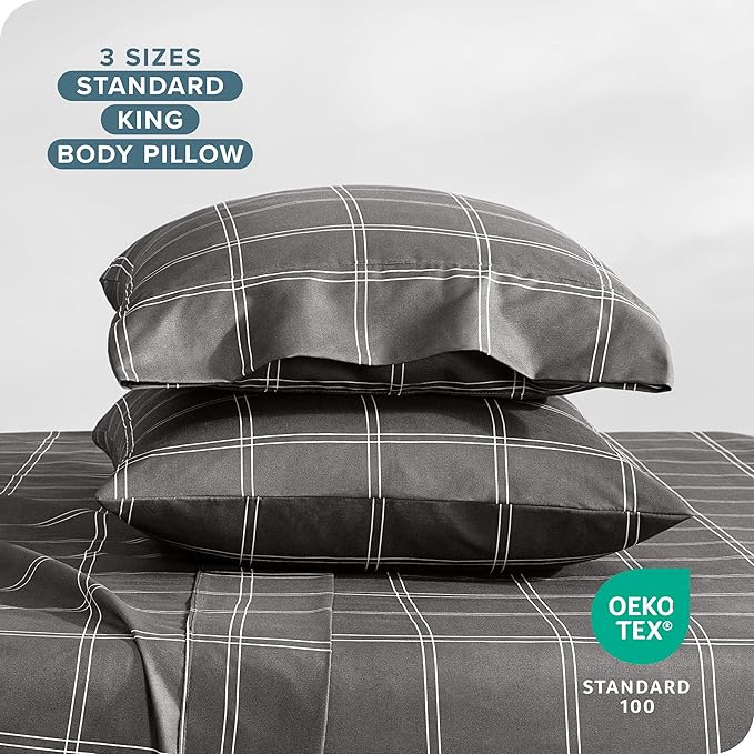 Bare Home Microfiber Pillow Cases - King Size Set of 2 - Cooling Pillowcases - Double Brushed - Pillowcases 2 Pack - Easy Care (King, Modern Plaid - Grey/White)