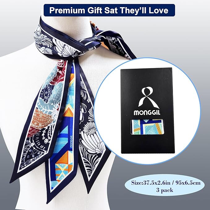 Skinny Scarf 3 Pack for Women – Bag Scarf, Silk Hair Scarves (Original Prints, Premium Twill, 3 Designs)