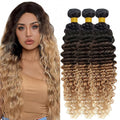 4/27 Deep Wave Bundles Human Hair Honey Blonde Bundle 14 16 18 Inch Brazilian Virgin Remy Hair Extensions Double Weft 3 Tone Brown and Blonde Deep Wave Bundles Hair Weave 300g