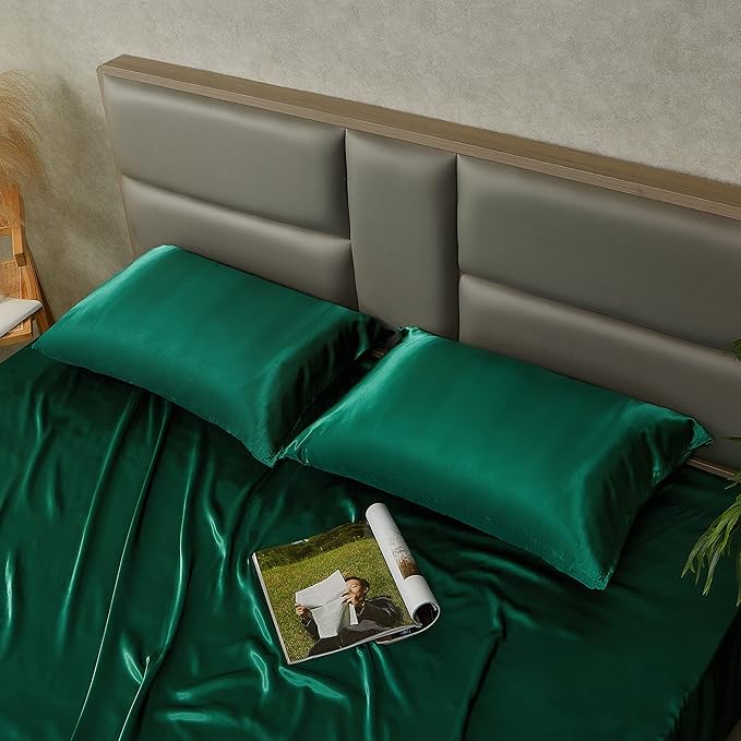 Blackish Green Satin Pillowcase Queen Size Set of 2 for Hair and Skin,Blackish Green Silk Pillowcase Breathable Pillowcase with Envelope Closure