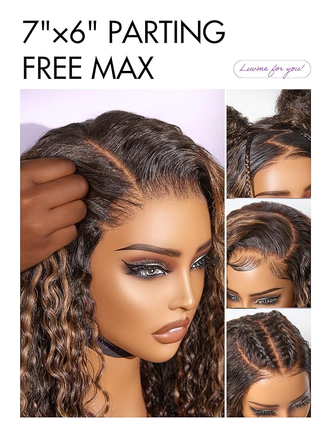 LUVME HAIR 7x6 HD Lace All-Day Comfort Wig PartingMax Lace Wigs Water Wave Curly Lace Front Wigs Human Hair Pre Cut Plucked Lace Frontal Glueless 20 Inches Hlighlight Color