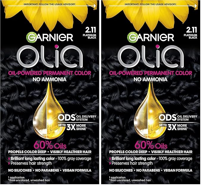 Garnier Hair Color Olia Ammonia-Free Brilliant Color Oil-Rich Permanent Hair Dye, 2.11 Platinum Black, 1 Count (Packaging May Vary) (Pack of 2)