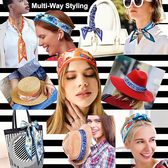 Skinny Scarf 3 Pack for Women – Bag Scarf, Silk Hair Scarves (Original Prints, Premium Twill, 3 Designs)