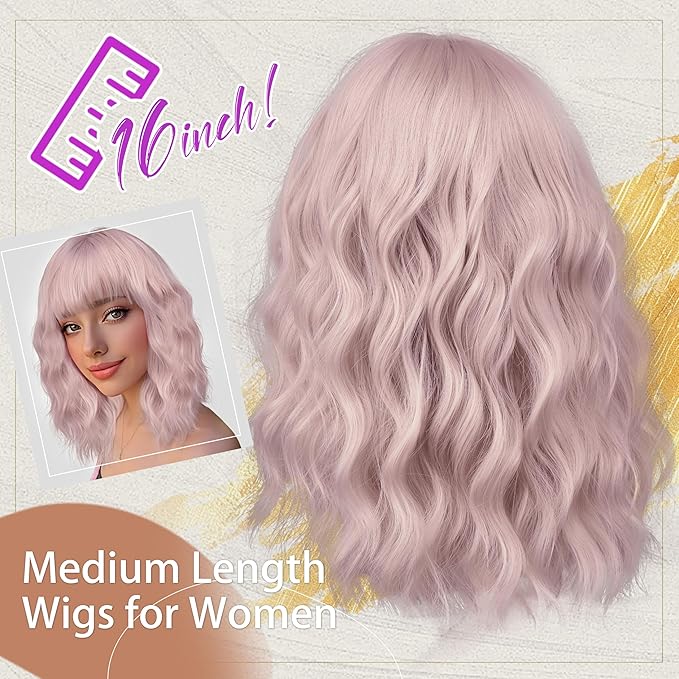 Nnzes Short Wavy Bob Wig with Bangs for Women Shoulder Length Curly Light Pink Synthetic Heat-Resistant Fiber Hair for Daily & Party Use
