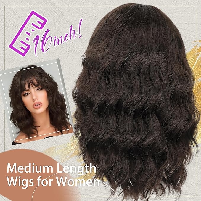Nnzes Short Wavy Bob Wig with Bangs for Women Shoulder Length Curly Soft Brown Synthetic Heat-Resistant Fiber Hair for Daily & Party Use