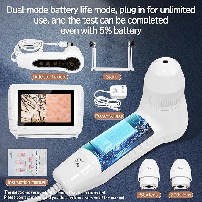 Skin Hair Analyzer 5 Inch Digital Skin & Hair Analyzer with 50x/200x Lenses, Portable Scalp Analyzer, Rechargeable Skin Detector, High-Definition Lcd Display, Suitable for Home and Salon Use